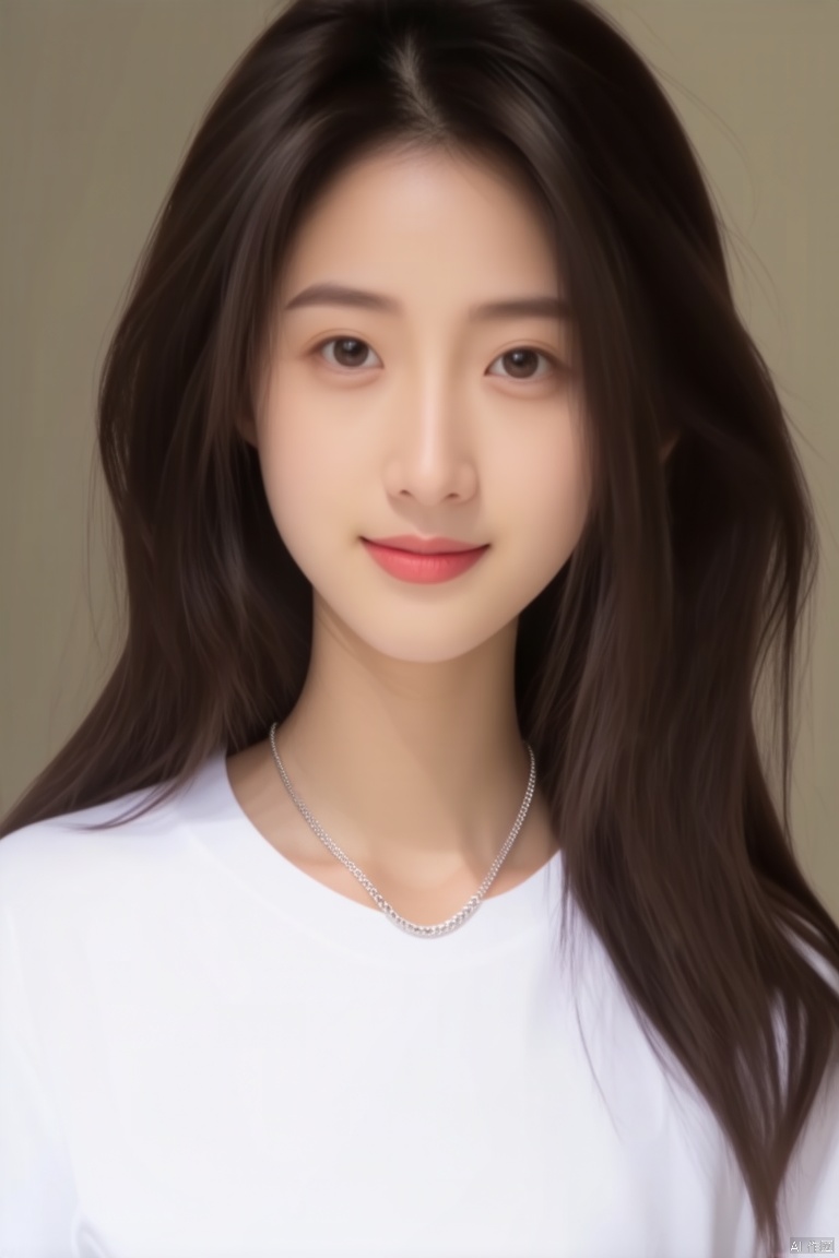 A close-up shot of a young Asian woman with long dark brown hair, a white t-shirt, and a silver necklace around her neck.The woman's expression is neutral, with a slight smile on her face.