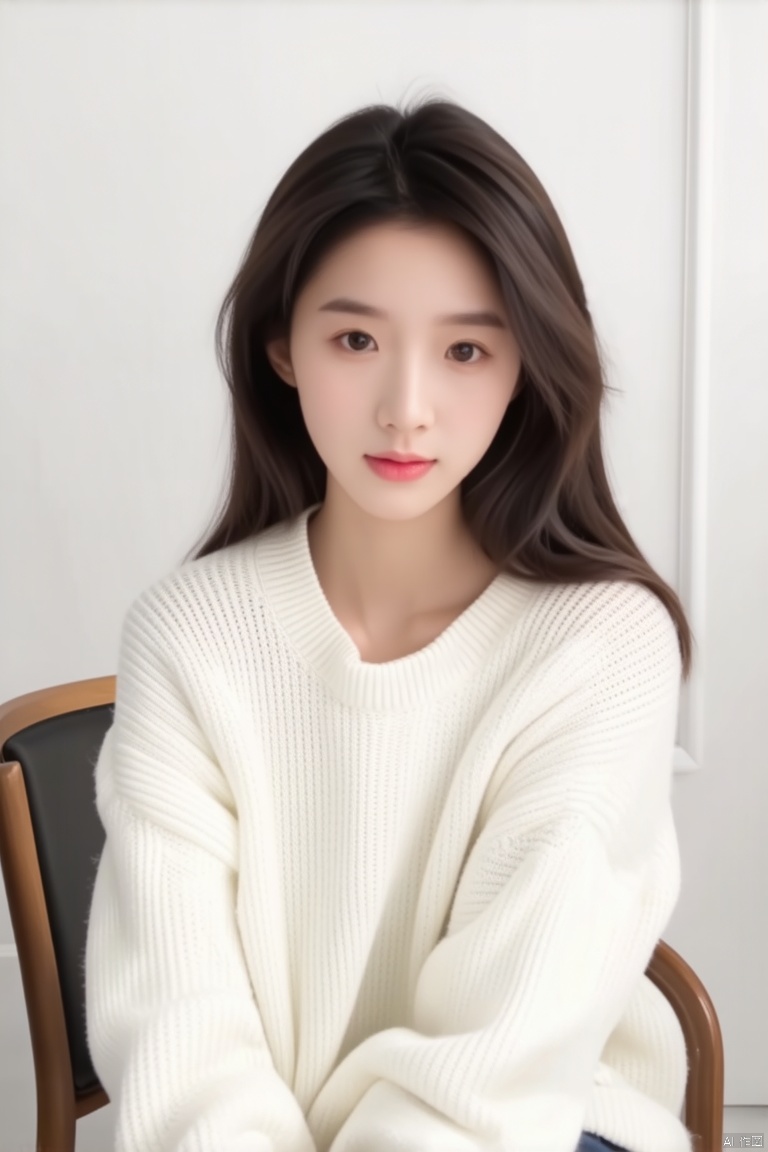 a young Asian girl with brown eyes and dark brown hair is seated on a  chair. She is dressed in a white sweater. Her lips are painted light pink, adding a pop of color to her face.  The backdrop is a stark white wall