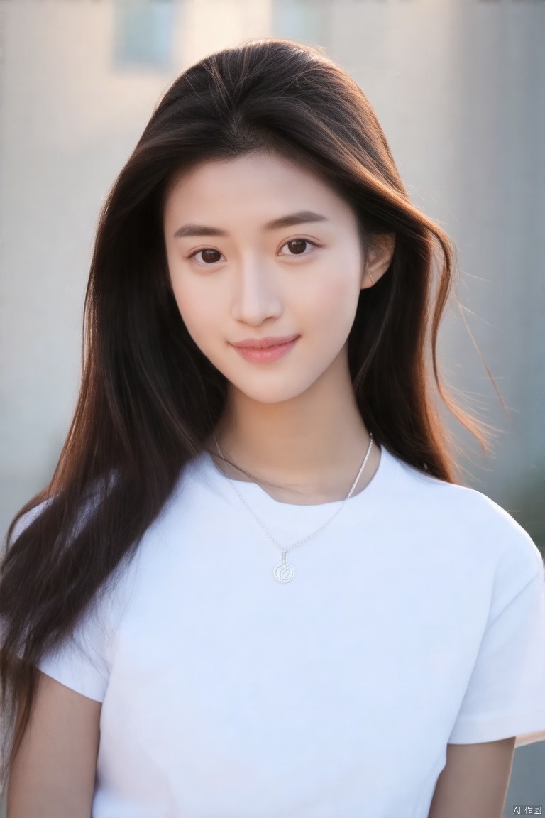 A close-up shot of a young Asian woman with long dark brown hair, a white t-shirt, and a silver necklace around her neck.The woman's expression is neutral, with a slight smile on her face.