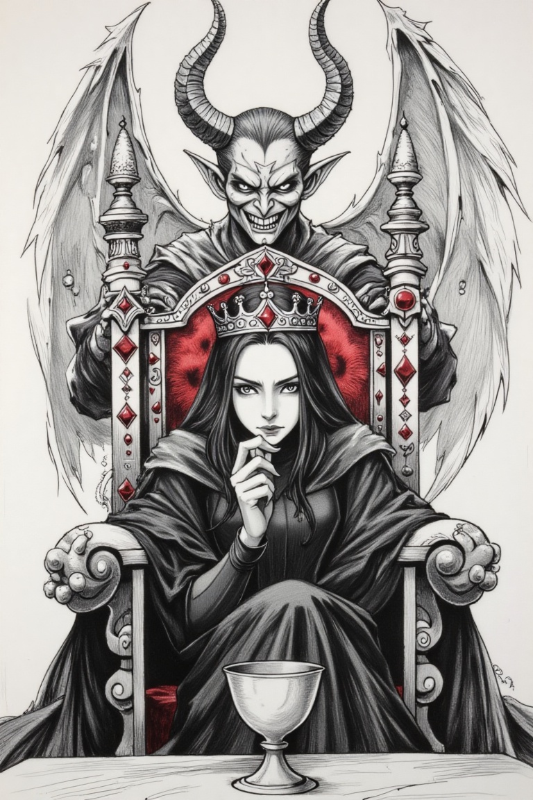 Pencil Sketch,  a woman sit on throne,  red ruby gems carving on the throne on Tensor.Art