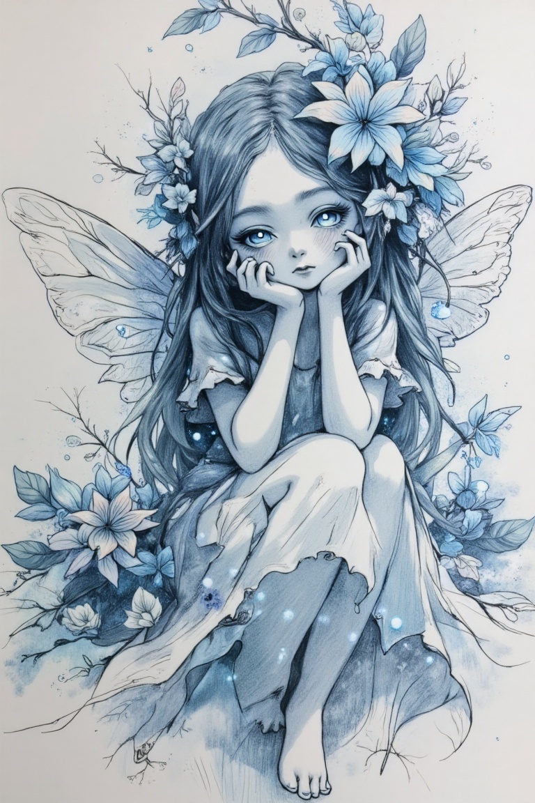 Pencil Sketch,  Young fairy Flowergirl dreaming pose covered by flowerrs mysterious aspect,  many details on Tensor.Art