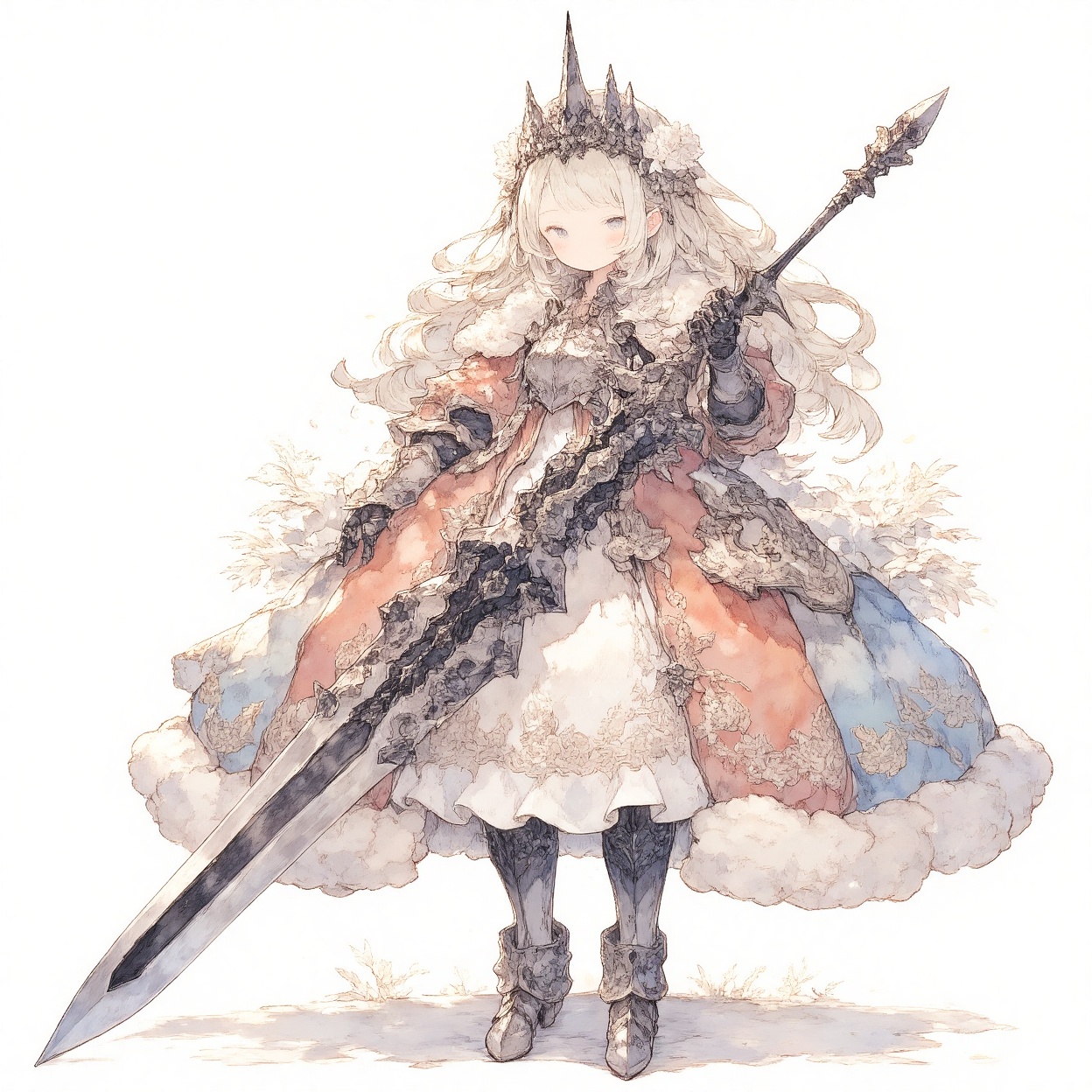 princess, 1girl, weapon, armor, sword, solo, holding weapon, holding, holding sword, long hair, gauntlets, full body, standing, white background, looking at viewer, armored dress, dress, grey eyes, armored boots, blush, fur trim, blonde hair, simple background, boots, breastplate, closed mouth, greaves, crown, flower, tiara, knight, hair ornament