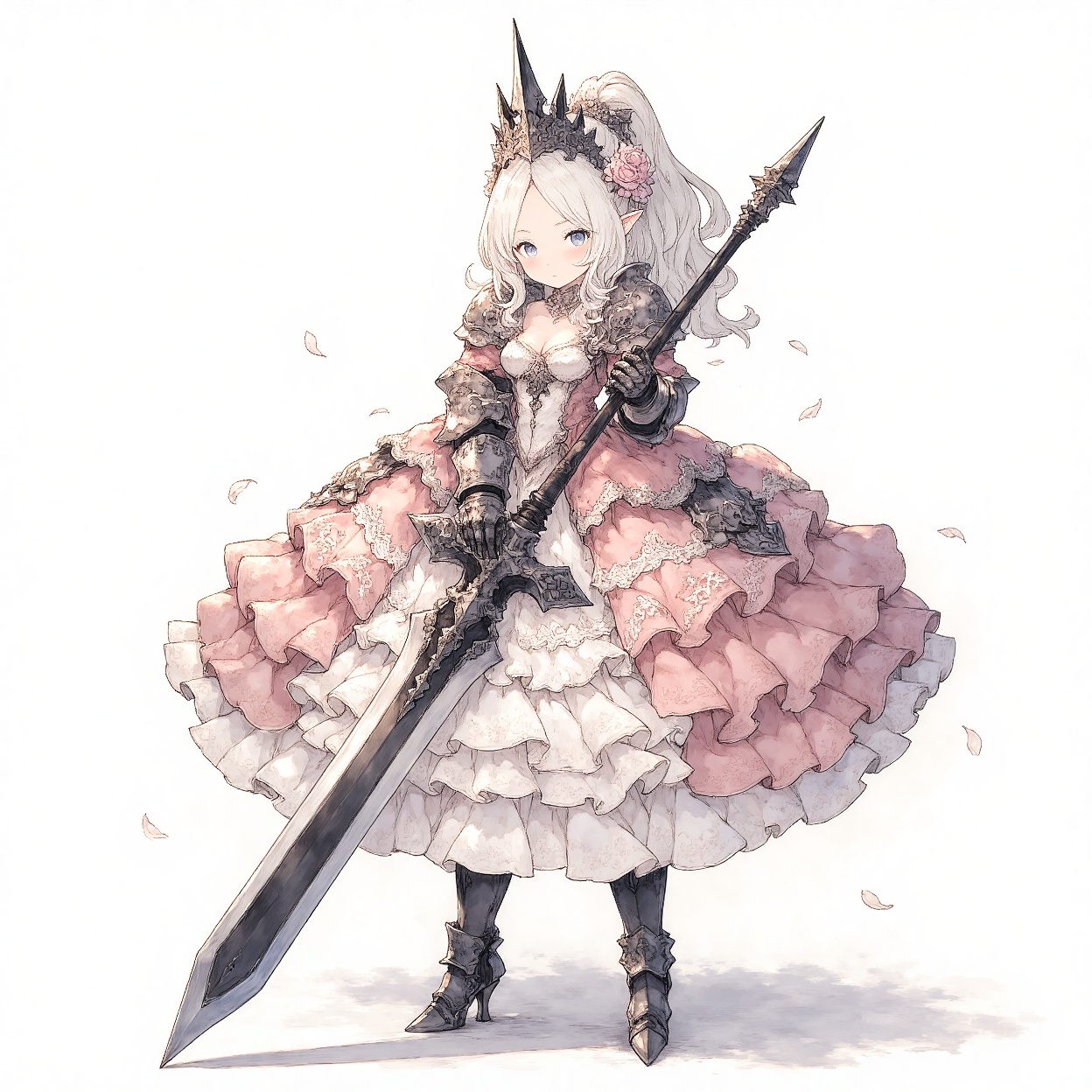 princess, 1girl, weapon, solo, sword, flower, dress, hair ornament, hair flower, blue eyes, armor, holding, pointy ears, holding sword, holding weapon, breasts, full body, petals, high heels, gauntlets, standing, long hair, cleavage, white background, boots, looking at viewer, shoulder armor, armored boots, tiara, crown, high heel boots, rose, small breasts, frilled dress, ponytail, frills, simple background, white hair, parted bangs, closed mouth, pauldrons, grey hair, forehead