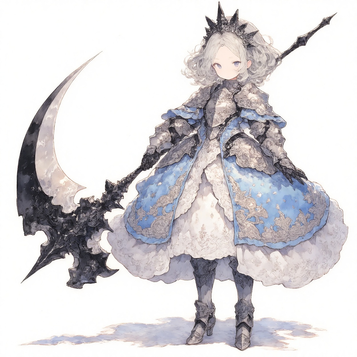 princess, scythe, 1girl, armor, solo, holding, gauntlets, weapon, full body, dress, armored dress, breastplate, looking at viewer, holding weapon, standing, grey eyes, armored boots, closed mouth, grey hair, boots, white background, simple background, holding scythe, forehead, shoulder armor, greaves, short hair, blue eyes