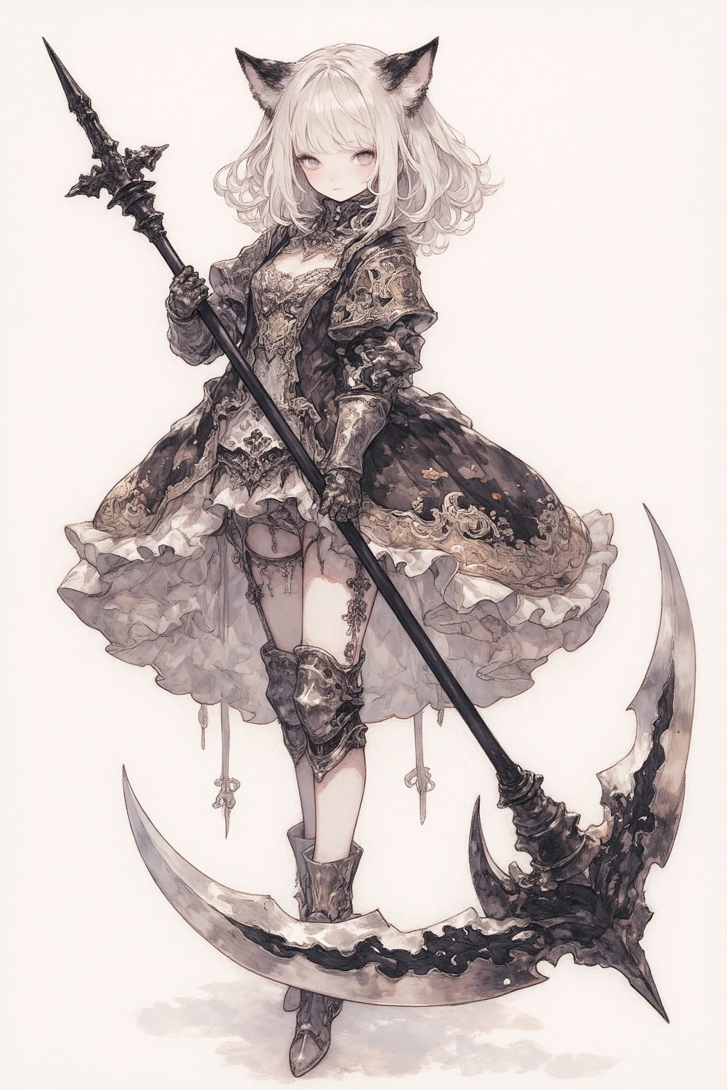 princess, scythe, 1girl, cat girl, cat ears, armored dress, full body, standing, holding scythe