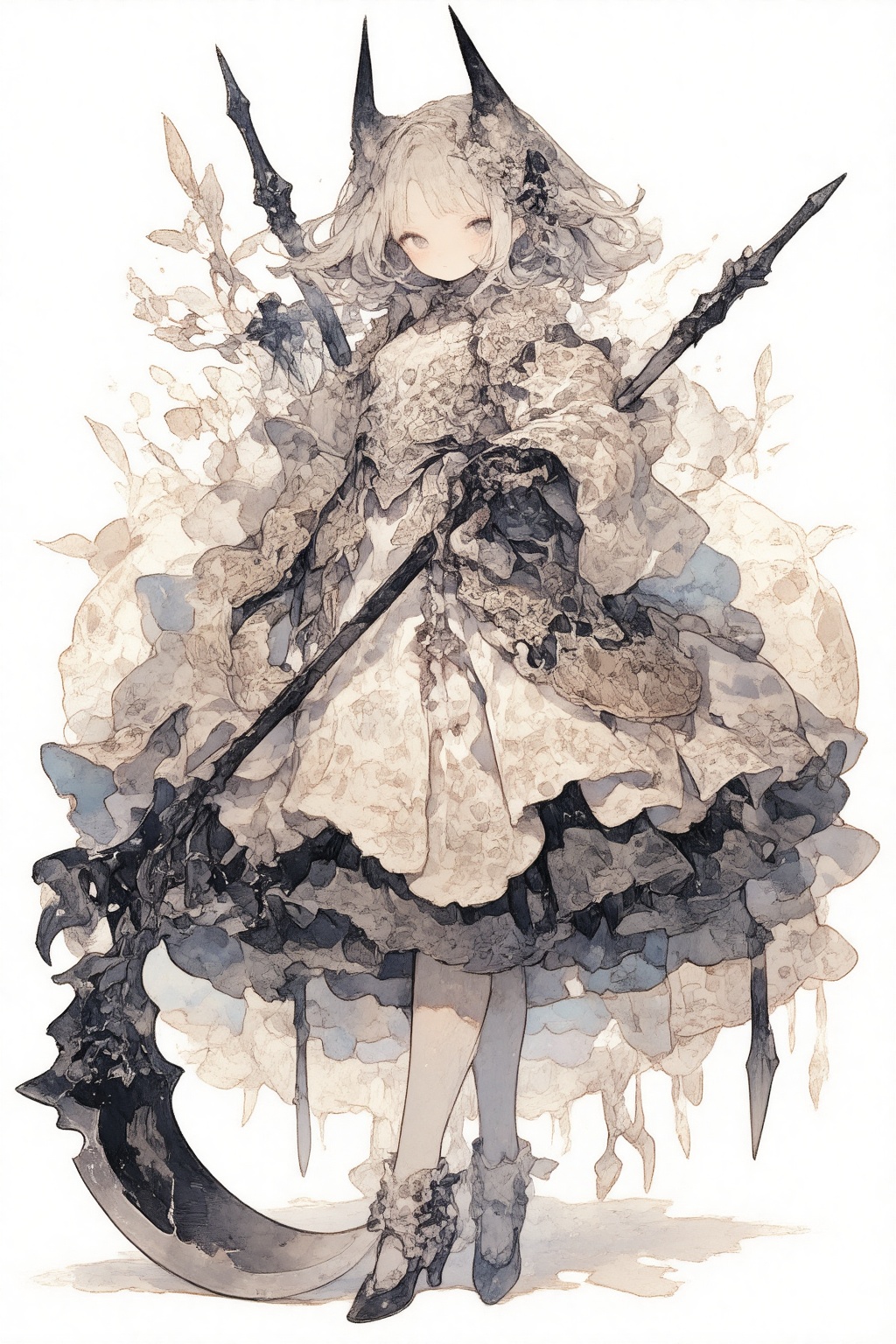 princess, scythe, 1girl, cat girl, cat ears, armored dress, full body, standing, holding scythe