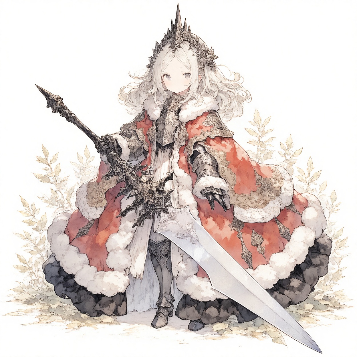 princess, 1girl, armor, solo, weapon, sword, long hair, crown, gauntlets, standing, dress, full body, looking at viewer, holding, fur trim, holding weapon, holding sword, parted bangs, breastplate, armored boots, armored dress, grey eyes, closed mouth, white hair, boots, greaves, planted, tiara, planted sword