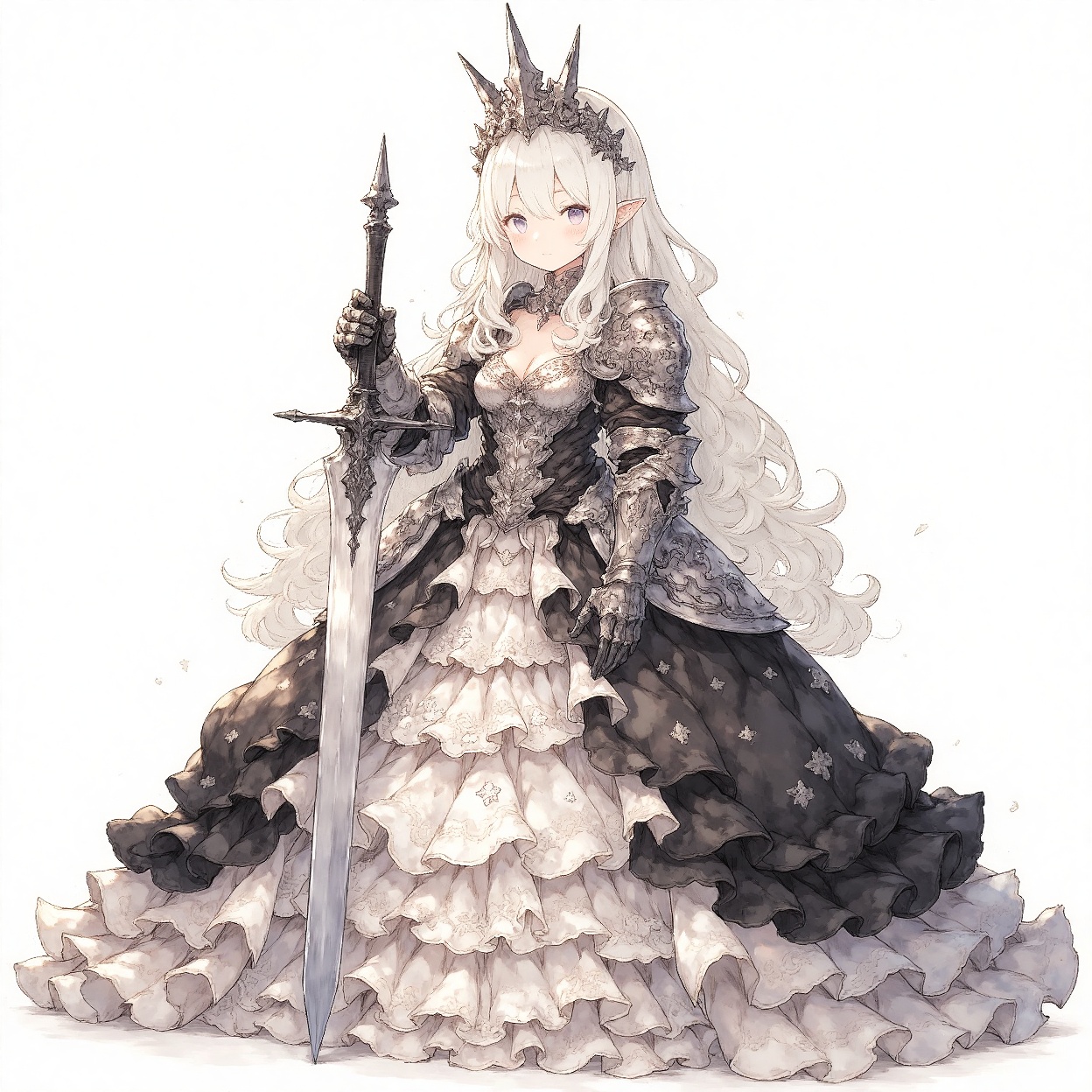 princess, 1girl, weapon, solo, sword, armor, long hair, holding sword, gauntlets, holding weapon, dress, holding, breasts, pointy ears, flower, white hair, cleavage, crown, white background, armored dress, full body, grey eyes, black dress, shoulder armor, looking at viewer, closed mouth, frills, simple background, small breasts, pauldrons, hair between eyes, tiara, frilled dress