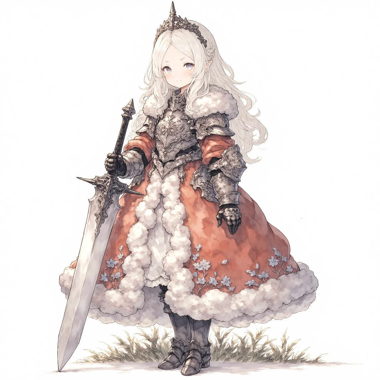 princess, 1girl, armor, solo, weapon, sword, long hair, crown, gauntlets, standing, dress, full body, looking at viewer, holding, fur trim, holding weapon, holding sword, parted bangs, breastplate, armored boots, armored dress, grey eyes, closed mouth, white hair, boots, greaves, planted, tiara, planted sword