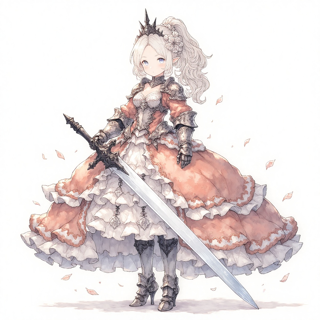 princess, 1girl, weapon, solo, sword, flower, dress, hair ornament, hair flower, blue eyes, armor, holding, pointy ears, holding sword, holding weapon, breasts, full body, petals, high heels, gauntlets, standing, long hair, cleavage, white background, boots, looking at viewer, shoulder armor, armored boots, tiara, crown, high heel boots, rose, small breasts, frilled dress, ponytail, frills, simple background, white hair, parted bangs, closed mouth, pauldrons, grey hair, forehead