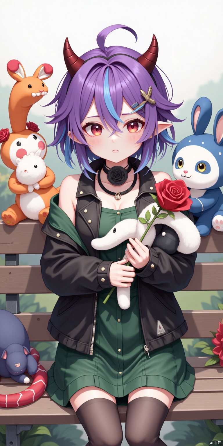 1girl, solo, spiky hair, colored streaks, purple hair, sleeveless, leather jacket, studded collar, chain, holding, demon ears, standing defiantly, closed mouth, fierce expression, blue hair, black rose, spikes and zippers, black leather jacket, demon ears, fingerless gloves, stuffed snake, stuffed animal, red flower, black fingerless gloves, single flower, metal bench, stuffed snake, holding stuffed toy, holding flower.
