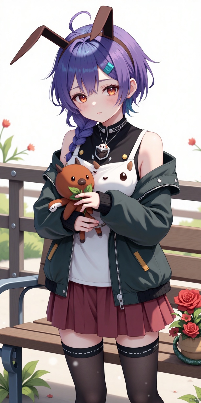 1girl, solo, spiky hair, colored streaks, purple hair, sleeveless, leather jacket, studded collar, chain, holding, demon ears, standing defiantly, closed mouth, fierce expression, blue hair, black rose, spikes and zippers, black leather jacket, demon ears, fingerless gloves, stuffed snake, stuffed animal, red flower, black fingerless gloves, single flower, metal bench, stuffed snake, holding stuffed toy, holding flower.
