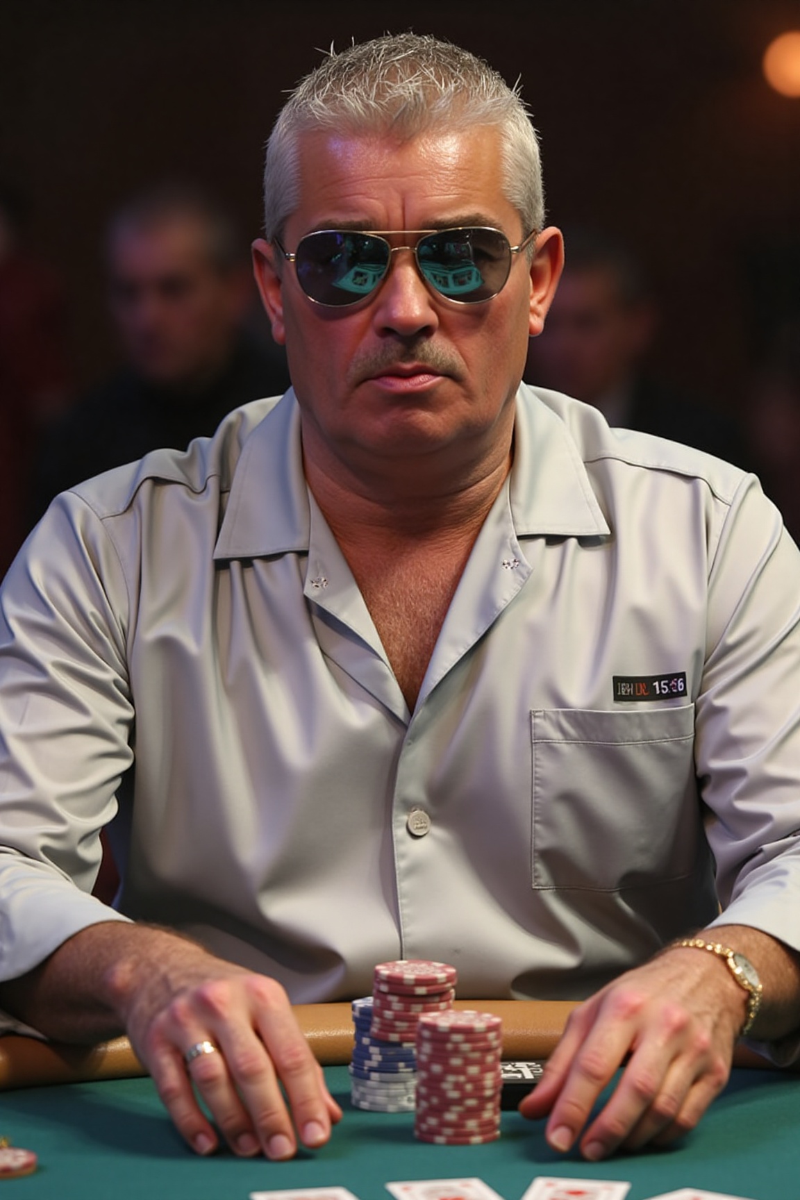 A high-resolution photograph of Steve Beaton wearing mirrored sunglasses and a silver satin shirt,  sitting at a poker tab...