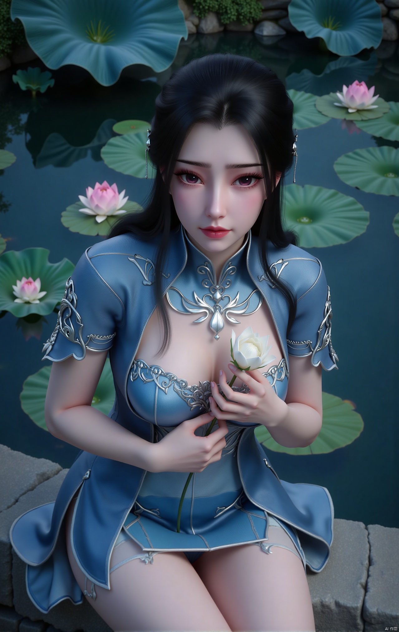  masterpiece,1girl,black hair,(Sitting by the lotus pond in the garden:1.3),(short dress:1.39),black eyes,beautiful face,short sleeves,holding flower,looking at viewer,(huge breasts:2.79),(full breasts:1.99),Xzhaoliner,Xyaoxi,Xsulingyun,XyunluoX,Xhenrendadi,Xlannuo,Xlongnv,Xruoshui,XyunluoH,Xyuzimo,Xliuyue,Xlimuwanx,Xhongdie,Xyanqingcheng,Xqinghe,XyunxiX