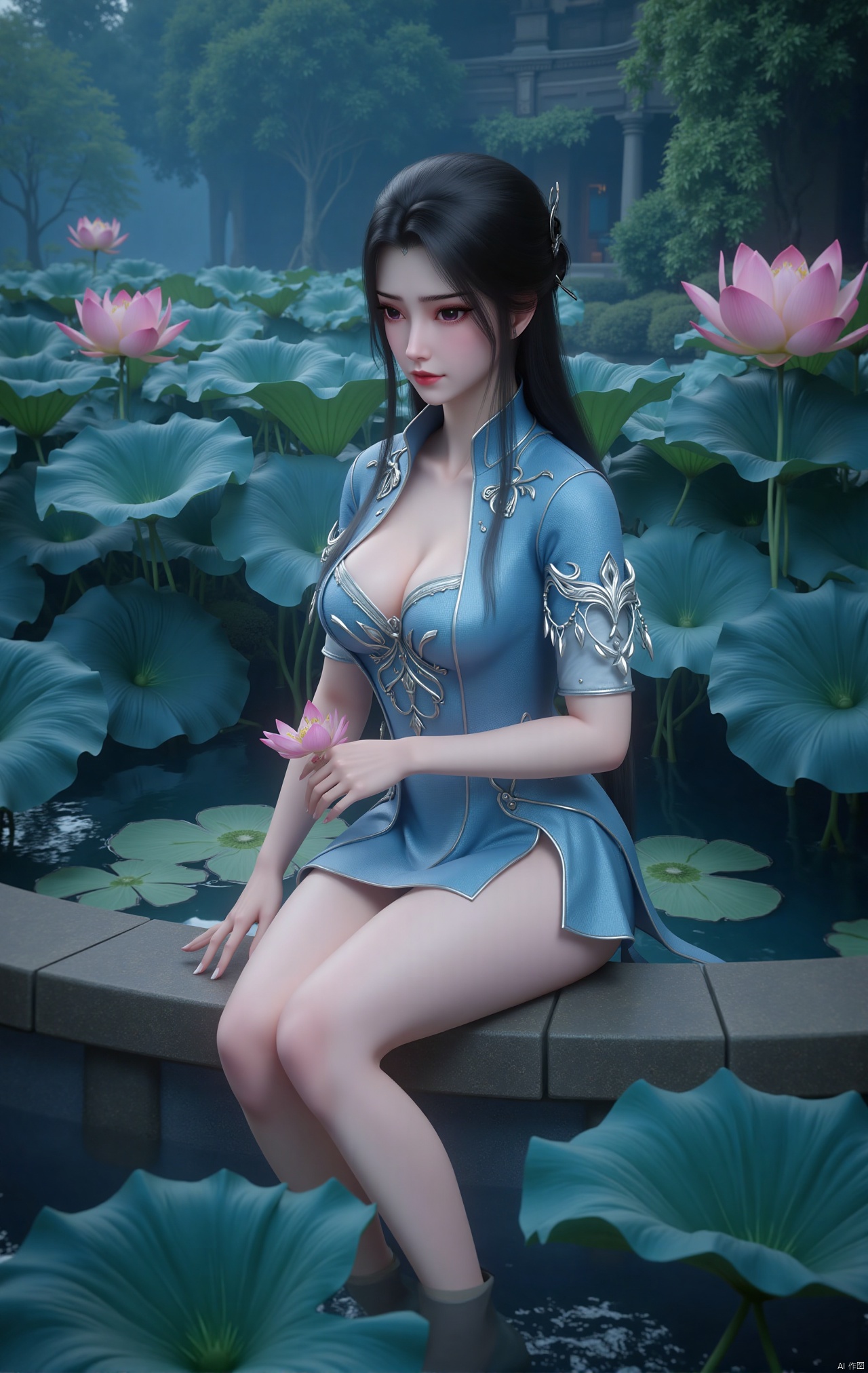  masterpiece,1girl,black hair,(Sitting by the lotus pond in the garden:1.3),(short dress:1.39),black eyes,beautiful face,short sleeves,holding flower,looking at viewer,(huge breasts:2.79),(full breasts:1.99),Xzhaoliner,Xyaoxi,Xsulingyun,XyunluoX,Xhenrendadi,Xlannuo,Xlongnv,Xruoshui,XyunluoH,Xyuzimo,Xliuyue,Xlimuwanx,Xhongdie,Xyanqingcheng,Xqinghe,XyunxiX