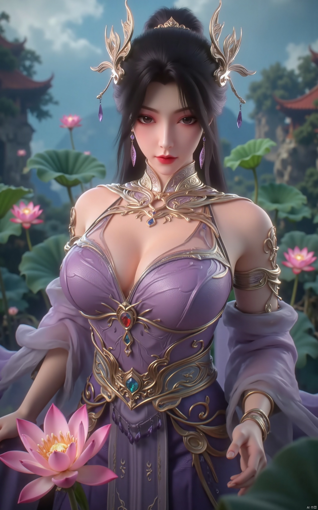 masterpiece,(best quality),official art, (1girl), (solo), ((looking_at_viewer)),(huge breasts:2.39),(full breasts:1.99),Xzhaoliner,(Lotus pond, lotus:1.52),Xyanqingcheng,Xxiyouqin,Xhongdie,Xlannuo,Xtianhuxianzi,Xhenrendadi