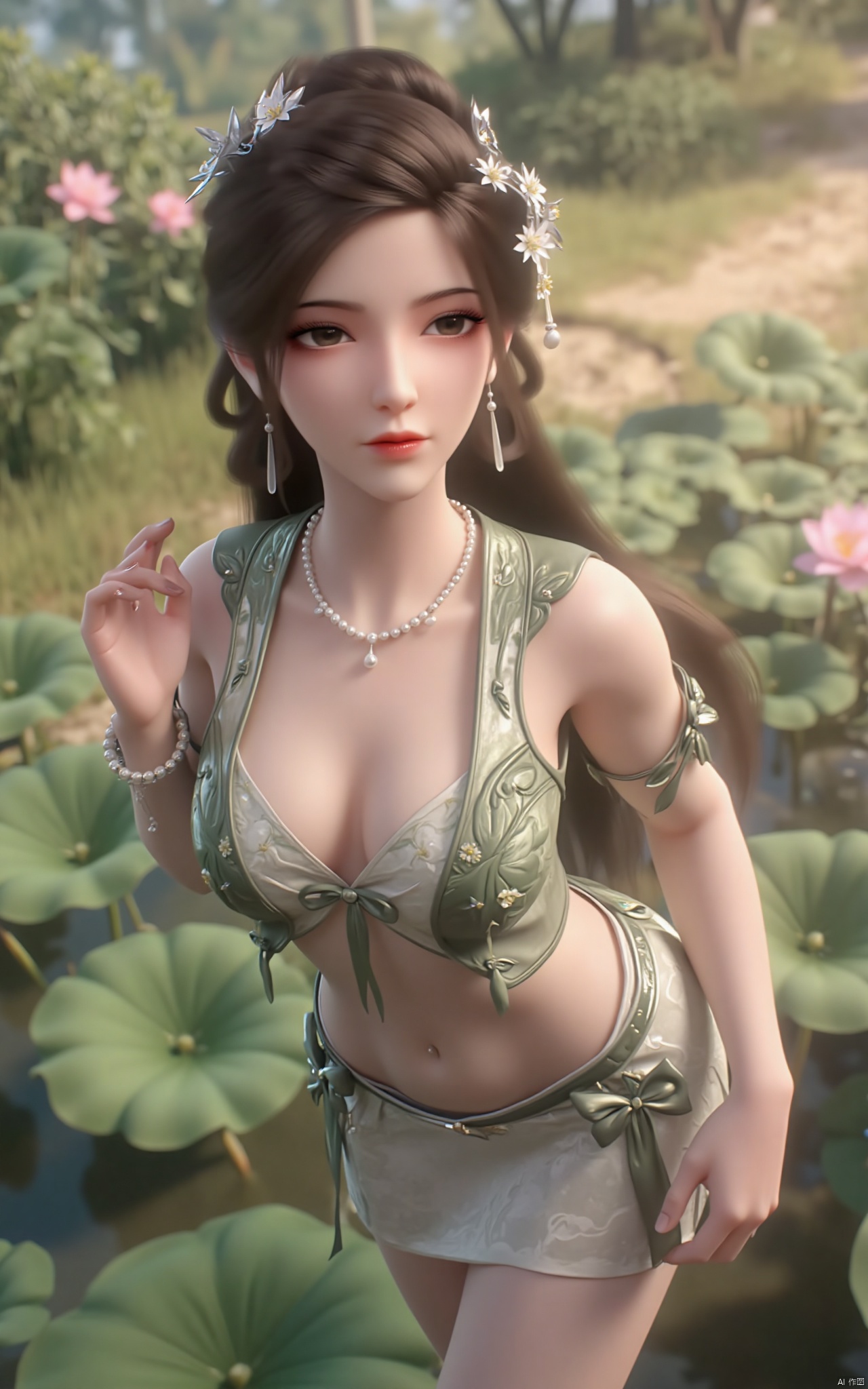 masterpiece,(best quality),official art, (1girl), (solo), ((looking_at_viewer)),(huge breasts:2.39),(full breasts:1.99),Xzhaoliner,(Lotus pond, lotus:1.52),Xruoshui,Xlongnv,Xbaiyijun,XyunluoH,XyunluoX,Xyiwenjun