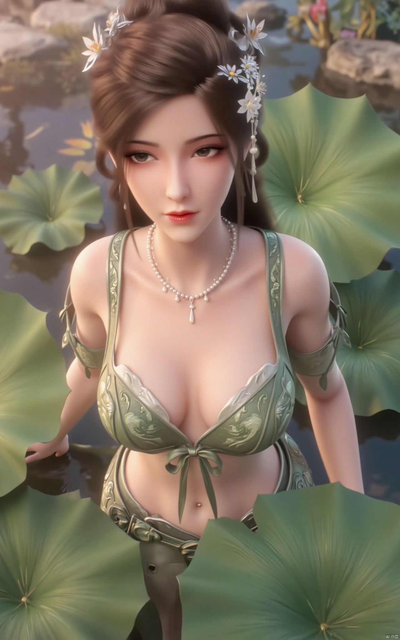 masterpiece,(best quality),official art, (1girl), (solo), ((looking_at_viewer)),(huge breasts:2.39),(full breasts:1.99),Xzhaoliner,(Lotus pond, lotus:1.52),Xruoshui,Xlongnv,Xbaiyijun,XyunluoH,XyunluoX,Xyiwenjun