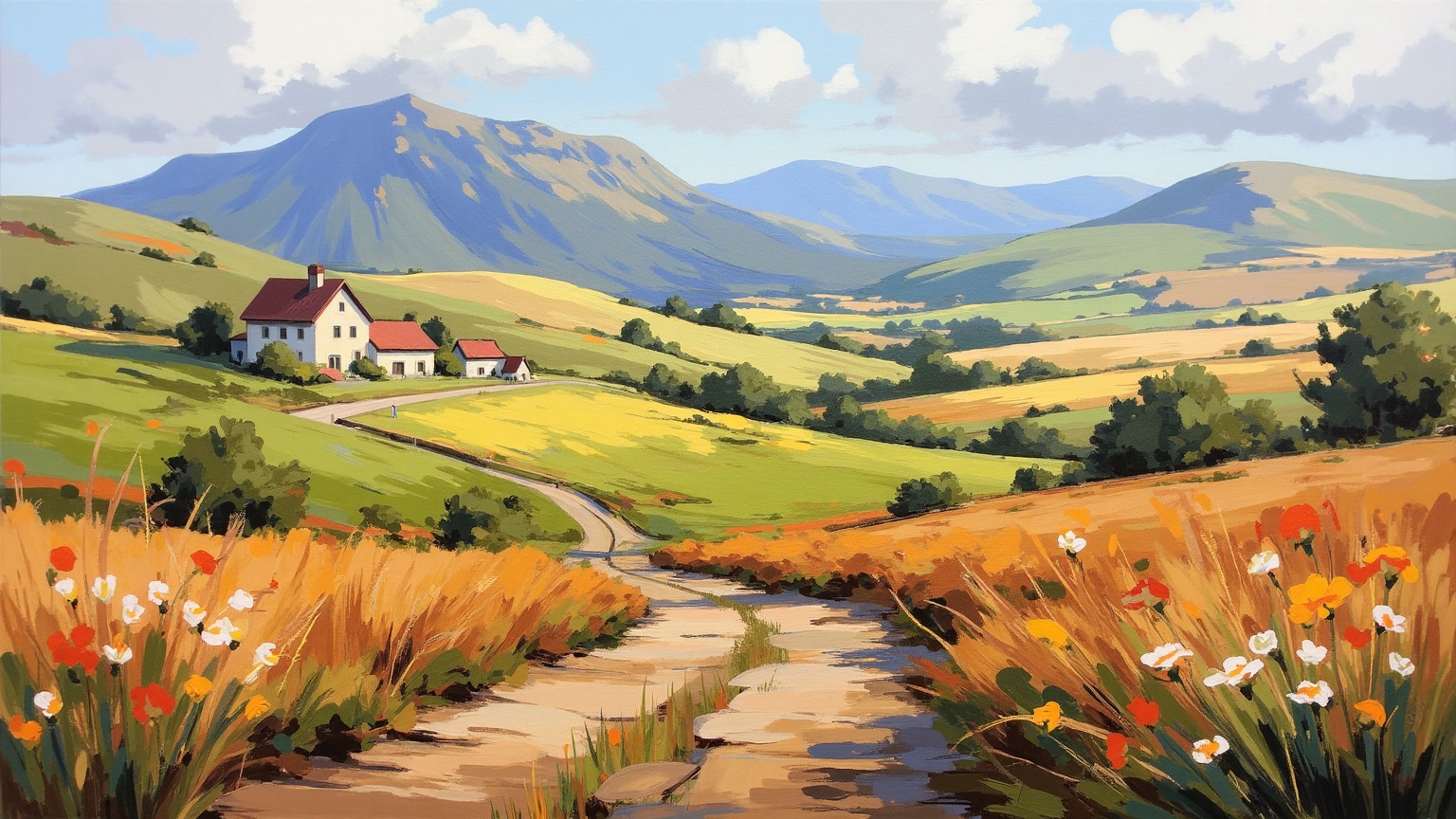 An impressionistic NeoPigma painting of a breathtaking rural scene,  with rolling green hills fading into the misty distan...