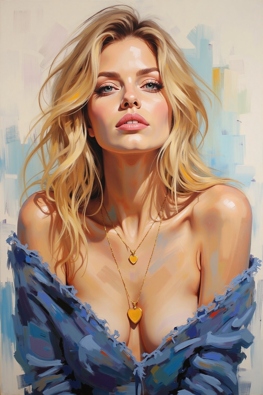 An abstract,  impressionistic NeoPigma painting depicting a portrait of a gorgeous young Caucasian woman with blonde casca...