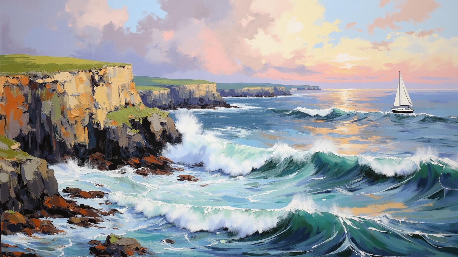 An impressionistic NeoPigma painting of a dramatic seascape at dawn,  with waves crashing against rugged,  weathered cliff...