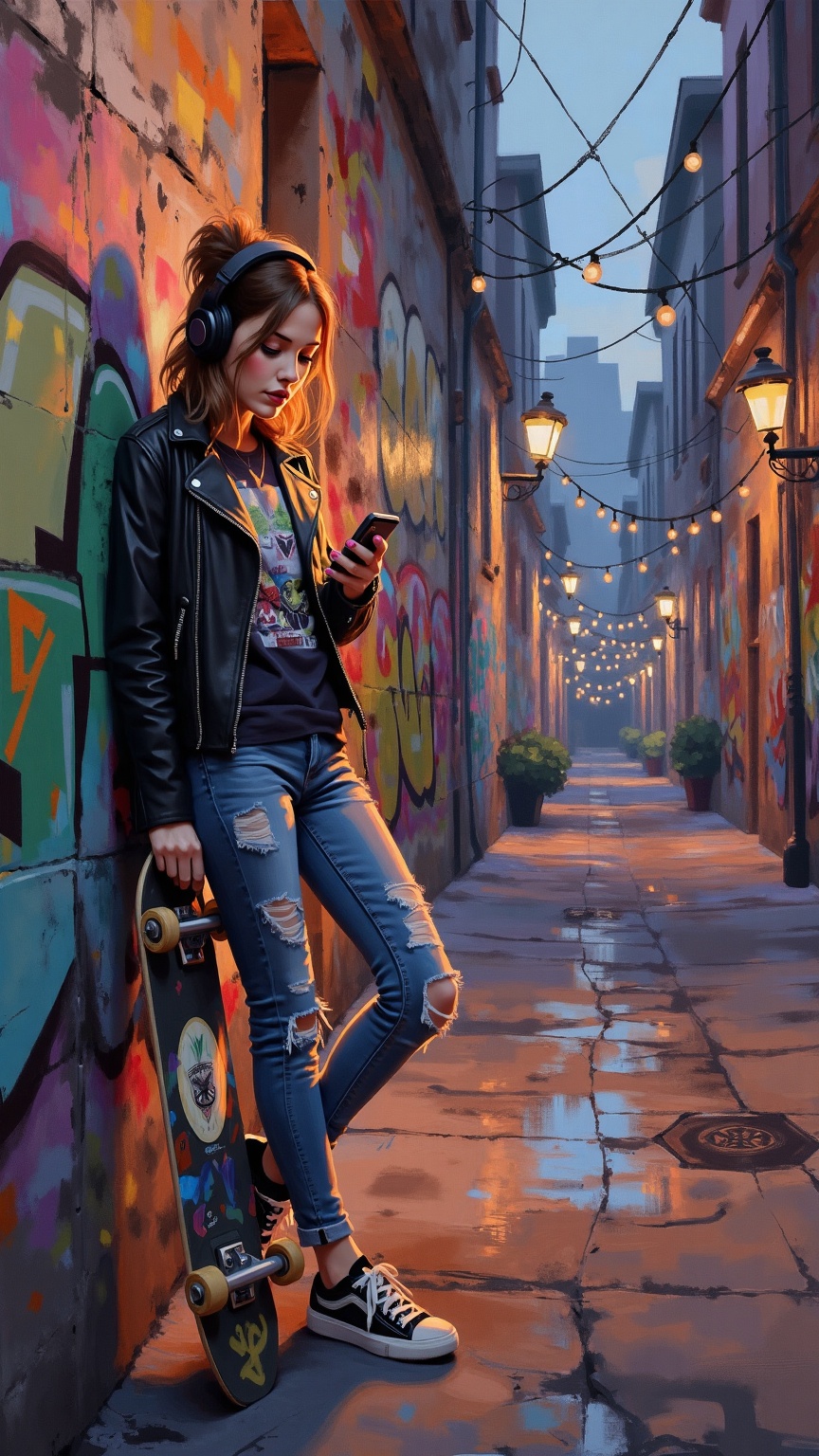 An impressionistic NeoPigma painting of a modern teenage girl standing in an urban alleyway at dusk,  leaning against a gr...