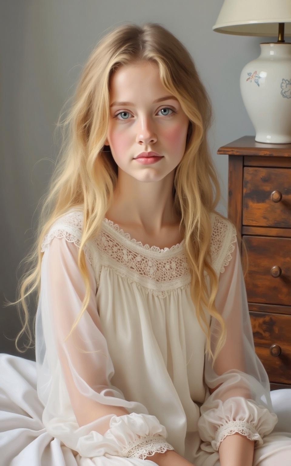 A NeoPigma impressionistic painting depicting a portrait of a young girl with long,  wavy blonde hair that cascades down h...