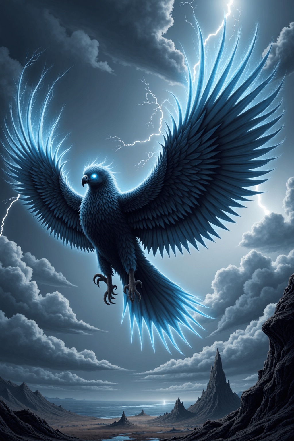 A massive bird with feathers that crackle with electricity. Its wingspan is enormous,  and it has a beak and talons as sha...