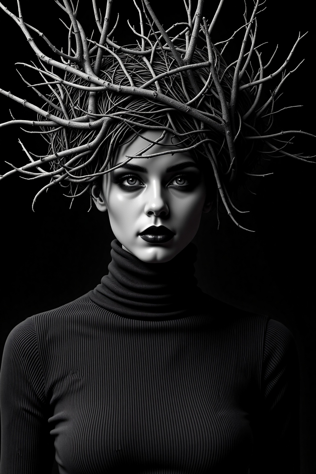 This is a high-resolution,  black-and-white photograph of a person with their face partially obscured by a mass of tangled...
