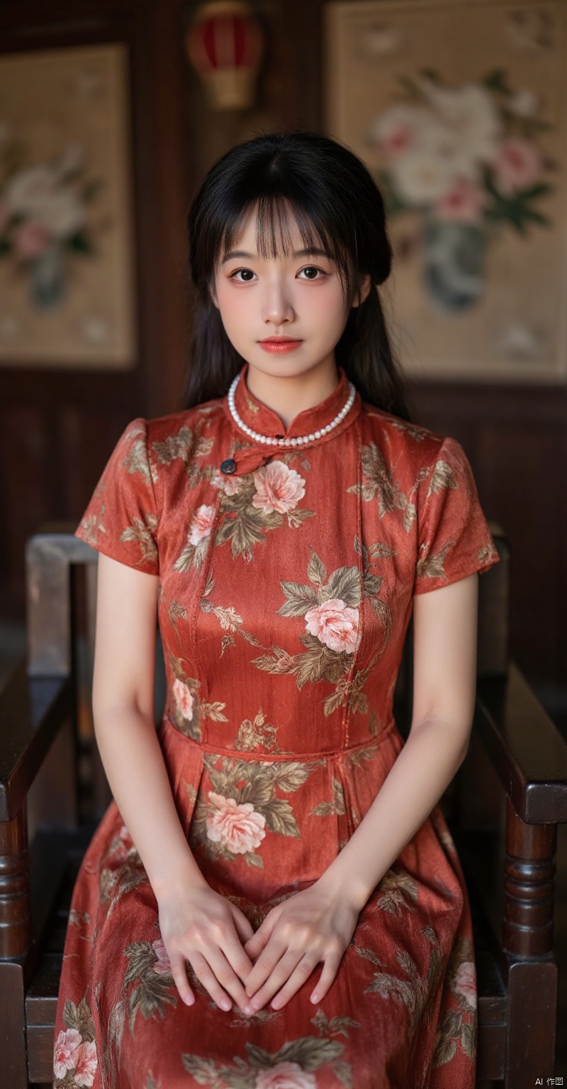 iaoaouaua,(best quality,4k,8k,highres,masterpiece:1.2),ultra-detailed,(realistic,photorealistic,photo-realistic:1.37),A woman sitting on a wooden chair,traditional qipao,floral patterns,pearl necklace,beautiful detailed eyes,beautiful detailed lips,extremely detailed eyes and face,long eyelashes,serene expression,flowing black hair,delicate hands,red and gold colors,soft lighting,indoor setting,oriental decor,wooden furniture,calm and elegant atmosphere,high contrast,rich textures,sharp focus,bokeh,physically-based rendering,vivid colors,professional,concept art,portrait,Asian aesthetics
