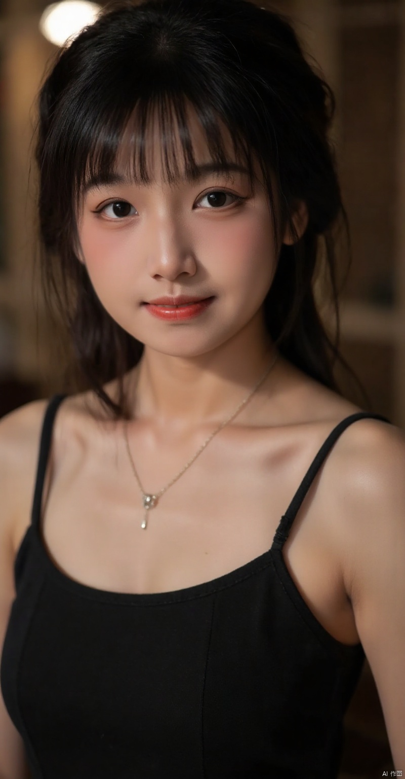 iaoaouaua,(black vest,thin straps,dark hair updo,loose strands,delicate necklace),(best quality,4k,8k,highres,masterpiece:1.2),ultra-detailed,(realistic,photorealistic,photo-realistic:1.37),beautiful detailed eyes,beautiful detailed lips,extremely detailed eyes and face,long eyelashes,slim figure,confident expression,graceful posture,soft lighting,evening atmosphere,subtle makeup,refined elegance,modern fashion,studio setting,shallow depth of field,bokeh,physically-based rendering,sharp focus,professional,vivid colors,HDR,UHD