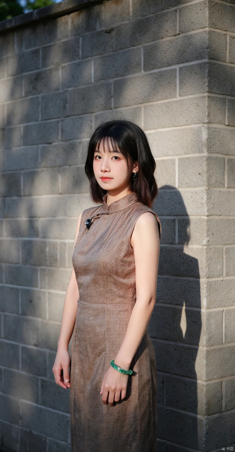 iaoaouaua,a young Asian woman stands in front of a gray brick wall. She is dressed in a brown checkered qipao, and a pair of emerald bracelet on her wrists. Her hair is styled in a sleek bob. The sun is shining on the right side of the image, casting a shadow onto the wall behind her.