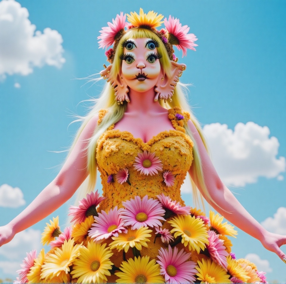 Against a brilliant blue sky,  a stunning girl poses in a breathtaking floral dress,  comprised of giant blooms intricatel...