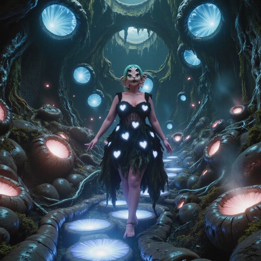 A mystical scene unfolds: A girl with striking features walks confidently through a mystical realm of swirling darkness. H...