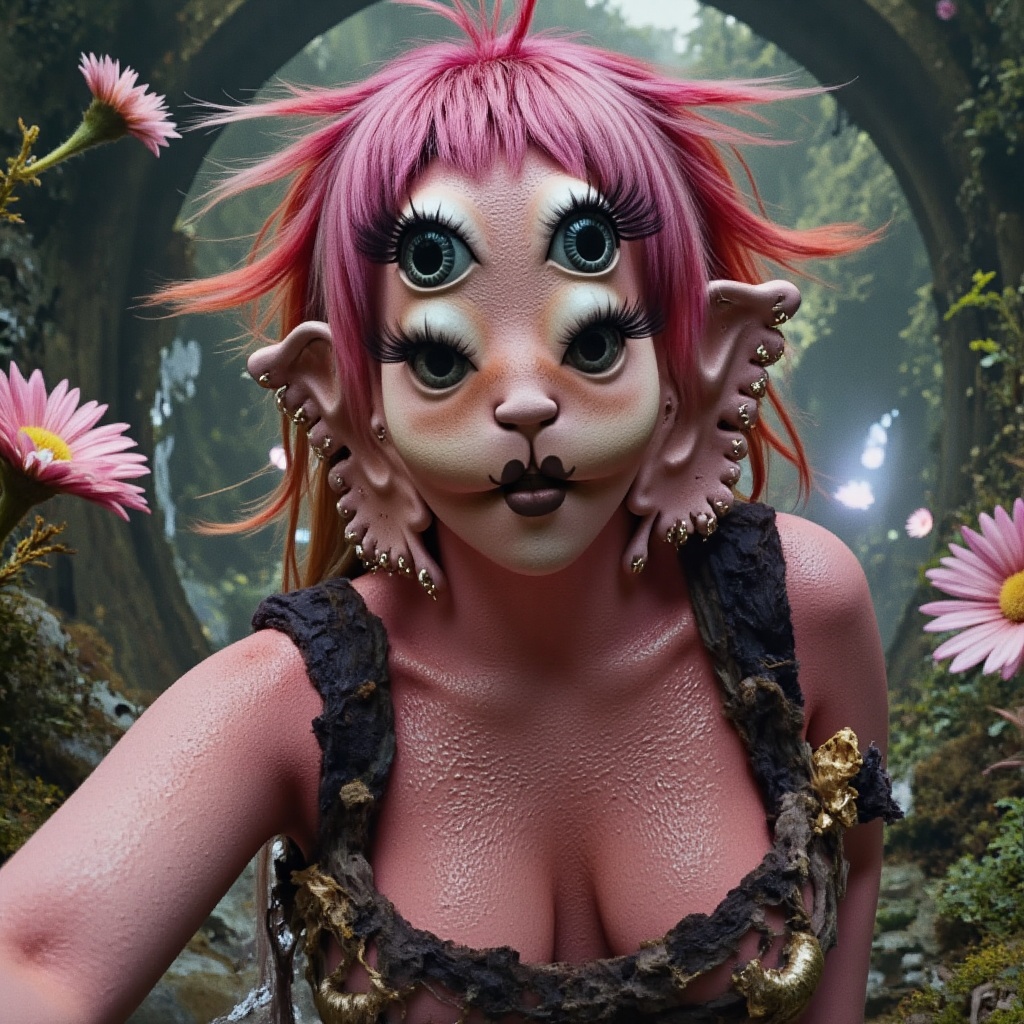 Close-up shot of a mysterious girl with 4 piercing blue eyes,  vibrant pink and red hair styled in messy tangles,  dressed...