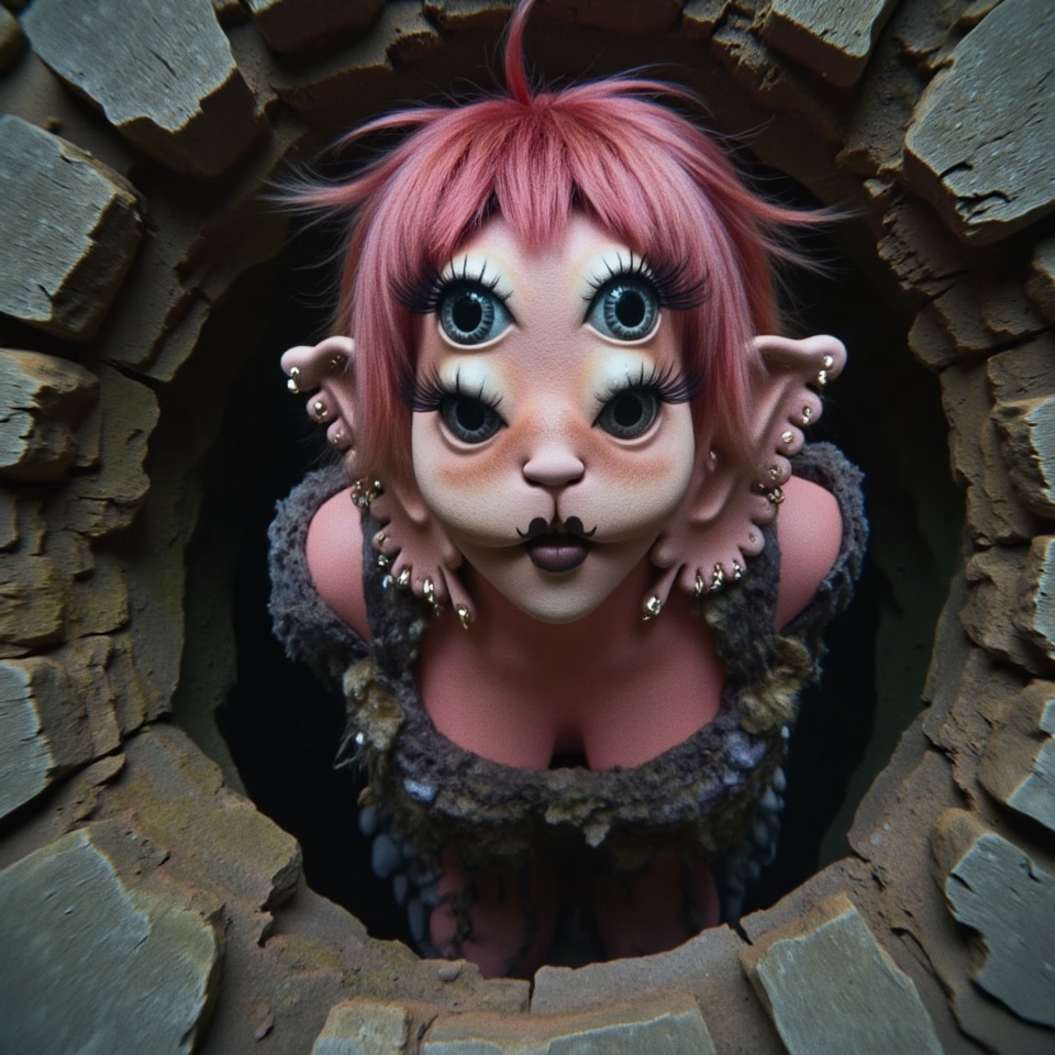 Close-up shot of a mysterious girl with 4 piercing blue eyes,  vibrant pink and red hair styled in messy tangles,  dressed...