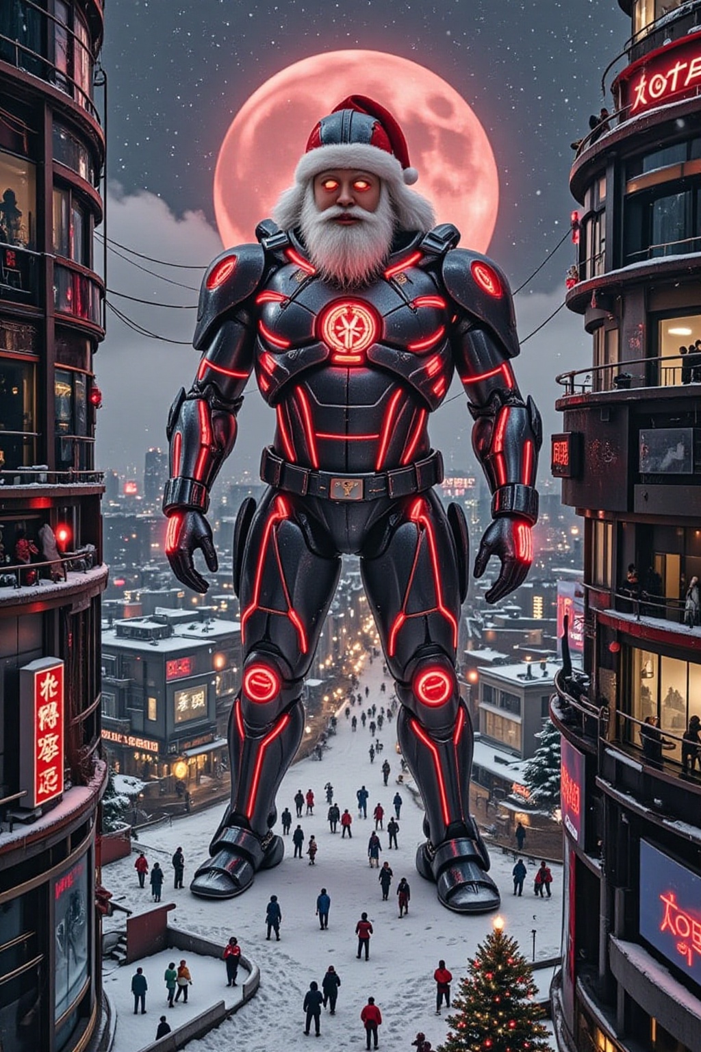FuturEvoLab_Red,  A towering mechanical Santa Claus glows menacingly in the center of a futuristic metropolis,  its red en...