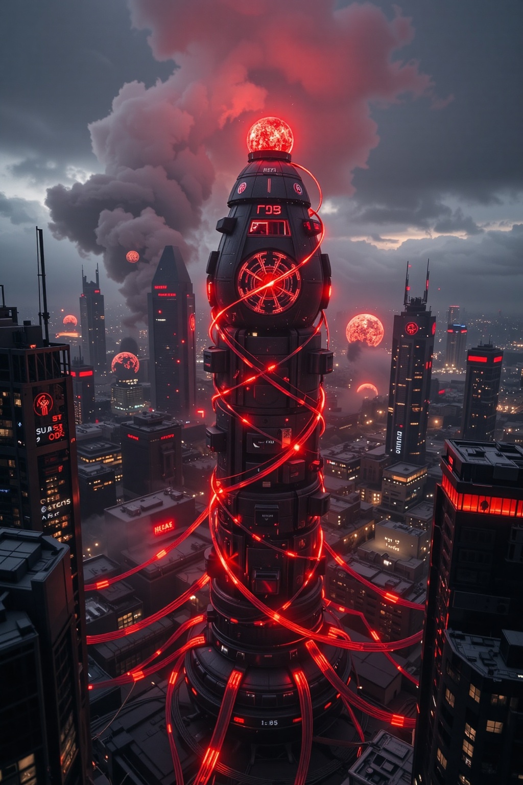 FuturEvoLab_Red,  A dystopian future city with a colossal red Christmas tree shaped like a futuristic rocket tower in the...