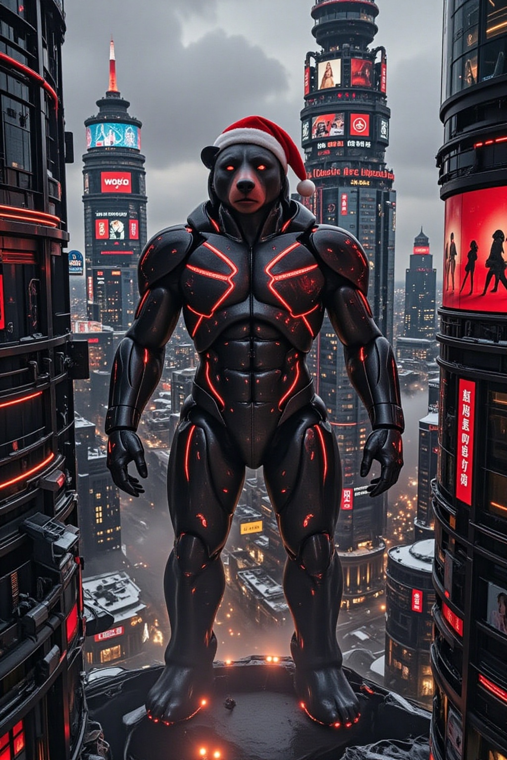 FuturEvoLab_Red,  A futuristic city center dominated by a colossal mechanical bear glowing with ominous red light. The bea...