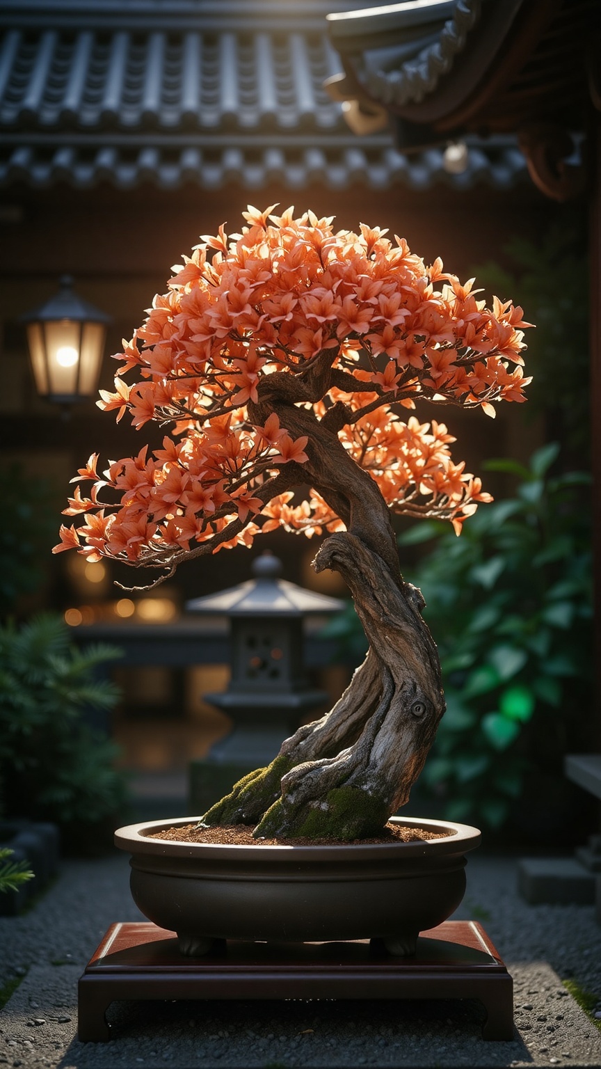 An azalea bonsai with orange blossoms emitting a warm spectral halo,  set in a glowing temple courtyard,  stone lantern ca...