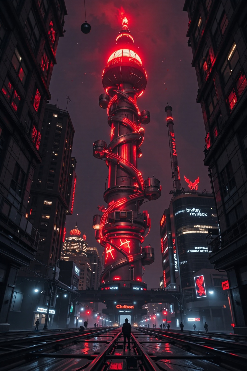 FuturEvoLab_Red,  A futuristic cityscape at night with a massive glowing red Christmas tree towering like a rocket launch...