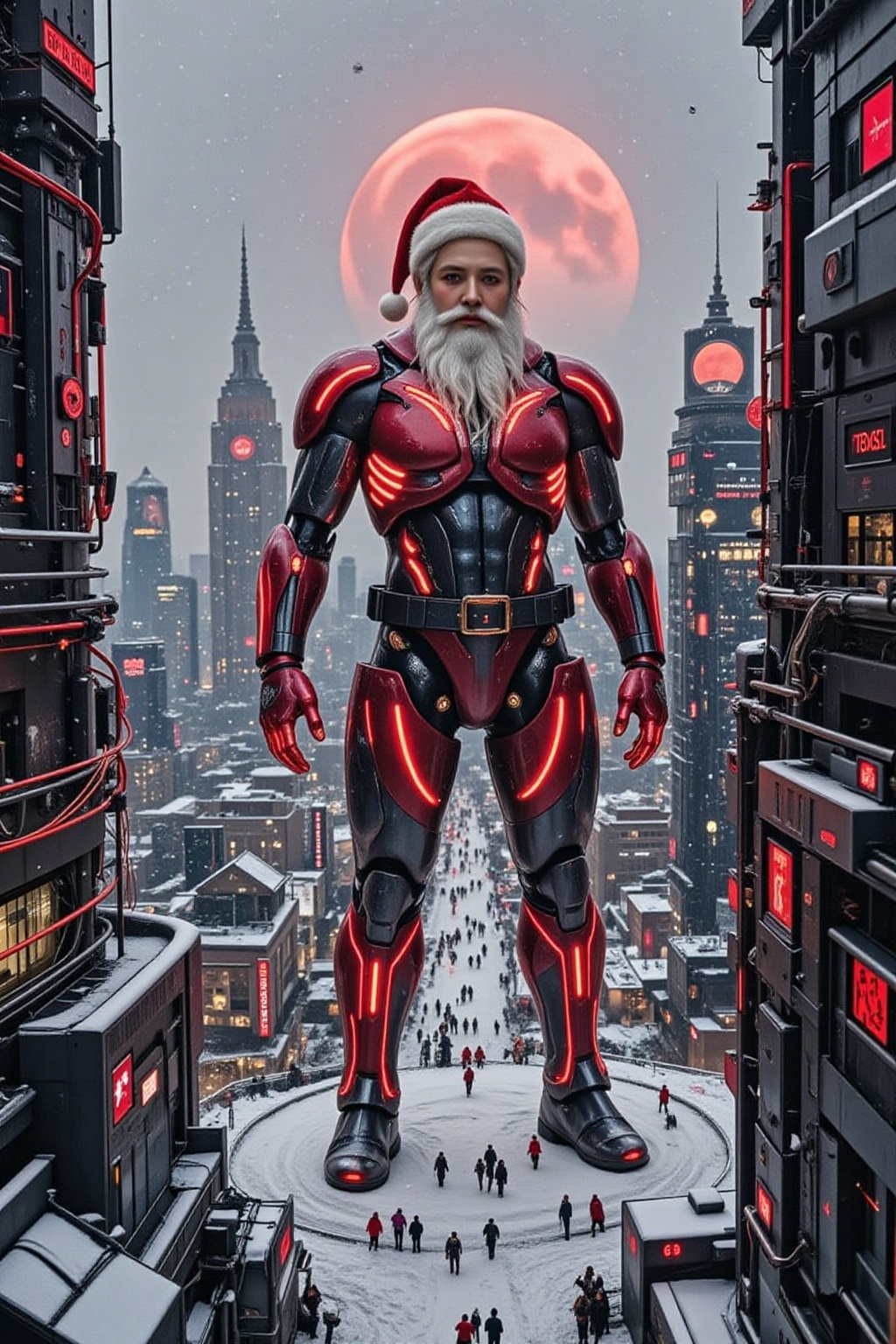 FuturEvoLab_Red,  A hyper-detailed scene of a colossal mechanical Santa Claus glowing in red,  standing in the center of a...