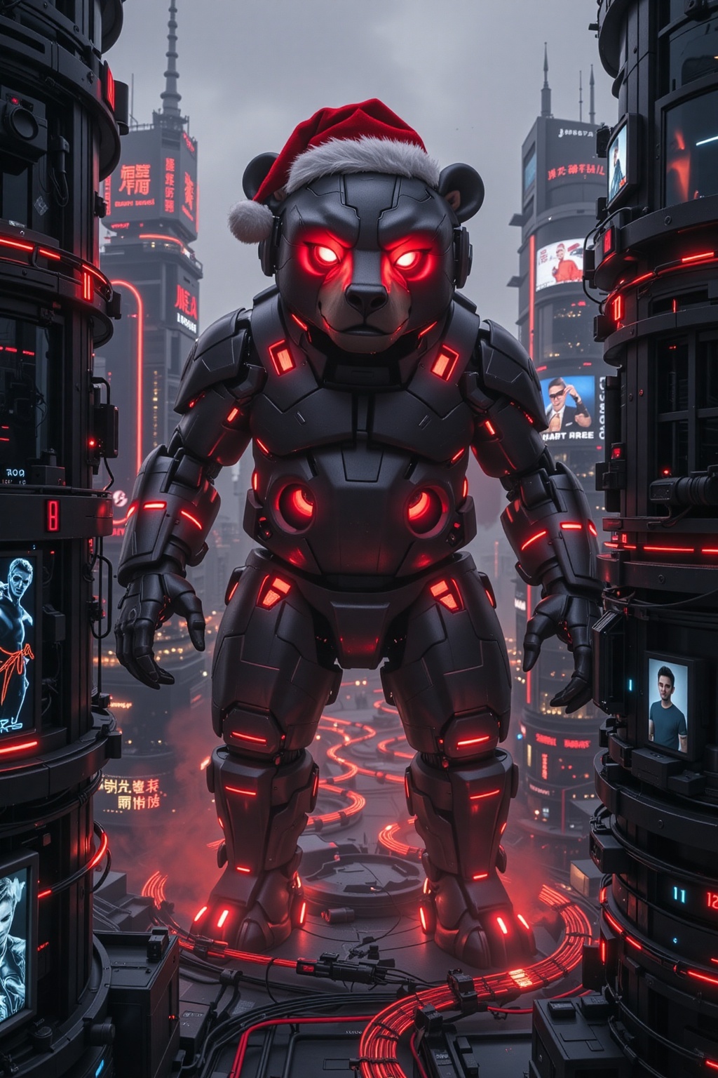 FuturEvoLab_Red,  A futuristic city center dominated by a colossal mechanical bear glowing with ominous red light. The bea...