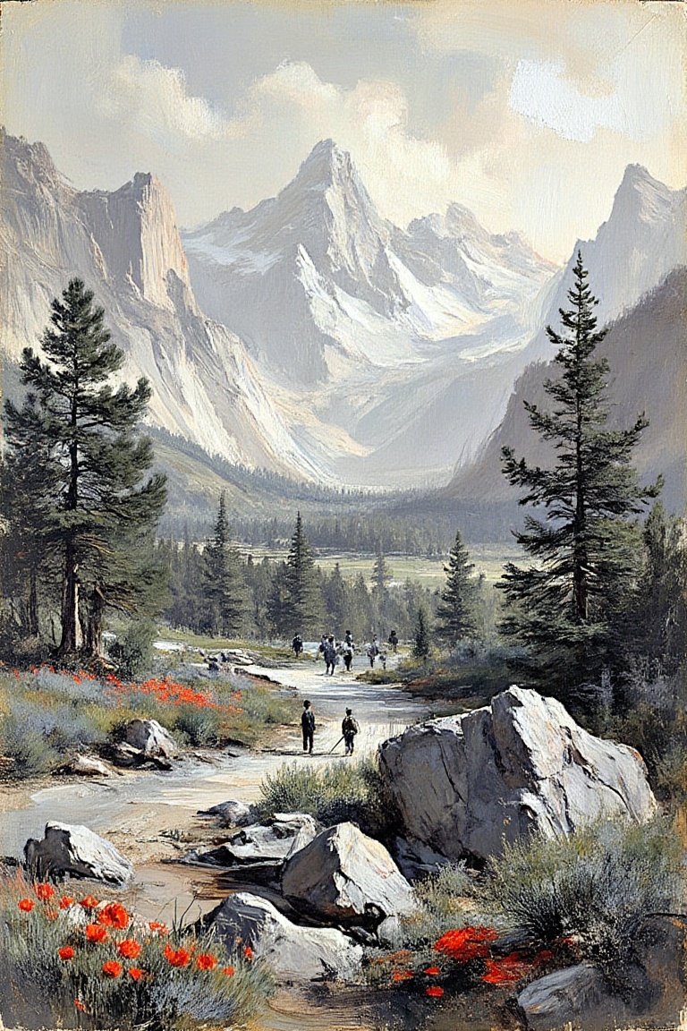 "A vintage black-and-white photograph of a serene mountain scene with large,  rugged rocks,  lush trees on Tensor.Art