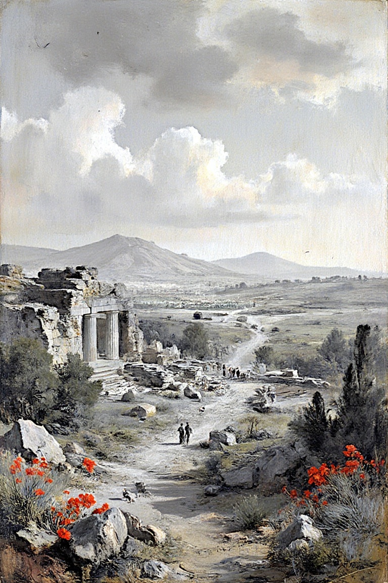 "A vintage black-and-white photograph depicting ancient ruins under a vast,  lightly clouded sky. In the foreground,  add...