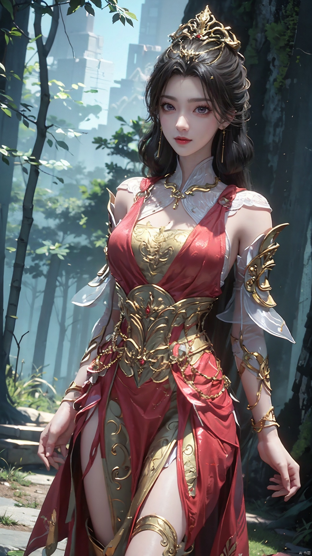 1girl, dress, solo, jewelry, hair ornament, red dress, black hair, earrings, looking at viewer, mischevious smile, perfect body, scenery, sharp focus, best quality, masterpiece, detailed outfit, illustration, perfect eyes, finely detailed beautiful anime eyes, realistic skin, intricate details, best lighting, depth of field, ultra high resolution,cowboy shot, dynamic pose, dynamic angle,