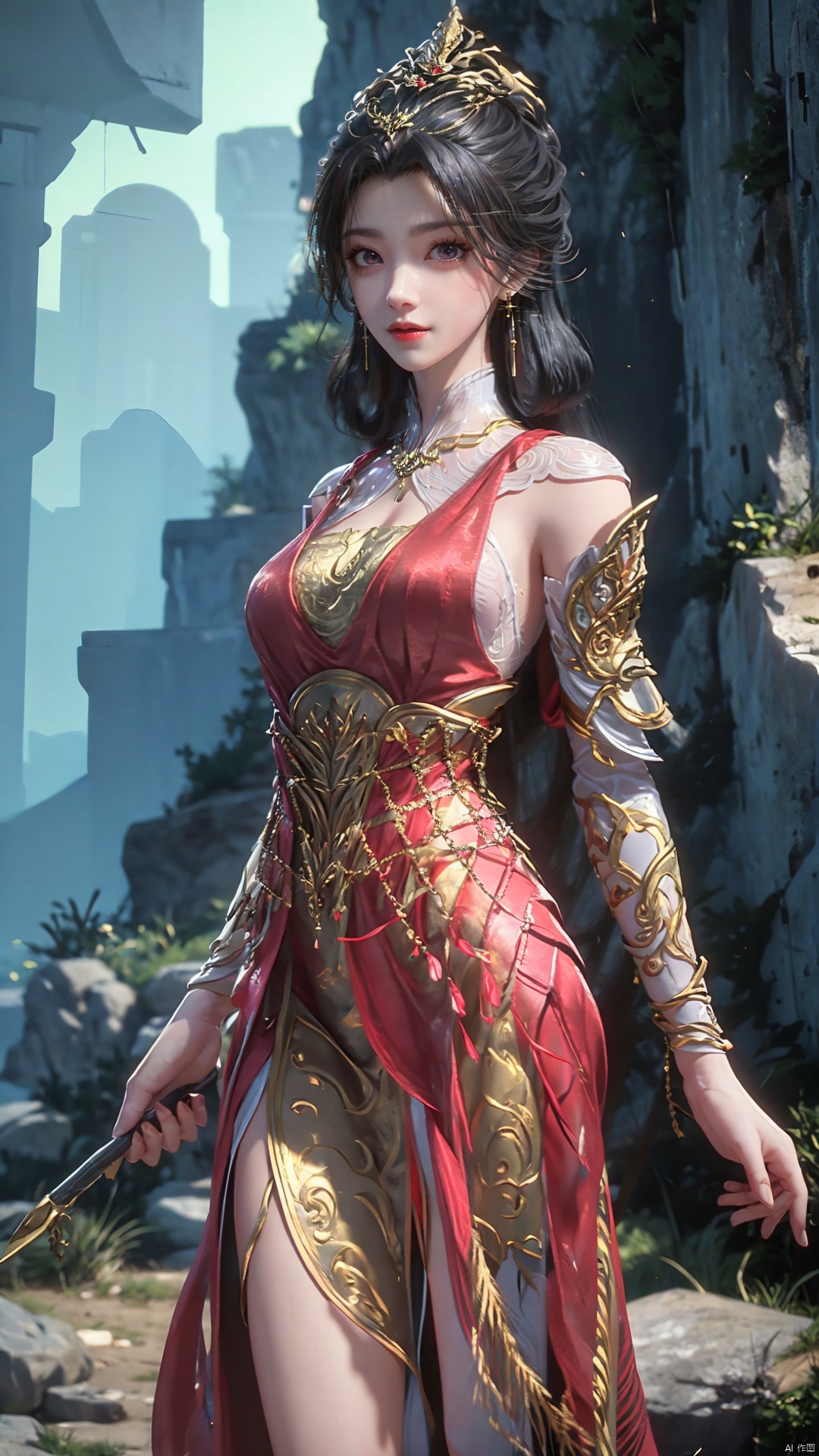 1girl, dress, solo, jewelry, hair ornament, red dress, black hair, earrings, looking at viewer, mischevious smile, perfect body, scenery, sharp focus, best quality, masterpiece, detailed outfit, illustration, perfect eyes, finely detailed beautiful anime eyes, realistic skin, intricate details, best lighting, depth of field, ultra high resolution,cowboy shot, dynamic pose, dynamic angle,