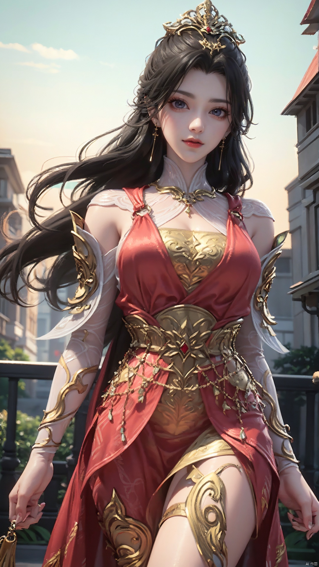 1girl, dress, solo, jewelry, hair ornament, red dress, black hair, earrings, looking at viewer, mischevious smile, perfect body, scenery, sharp focus, best quality, masterpiece, detailed outfit, illustration, perfect eyes, finely detailed beautiful anime eyes, realistic skin, intricate details, best lighting, depth of field, ultra high resolution,cowboy shot, dynamic pose, dynamic angle,