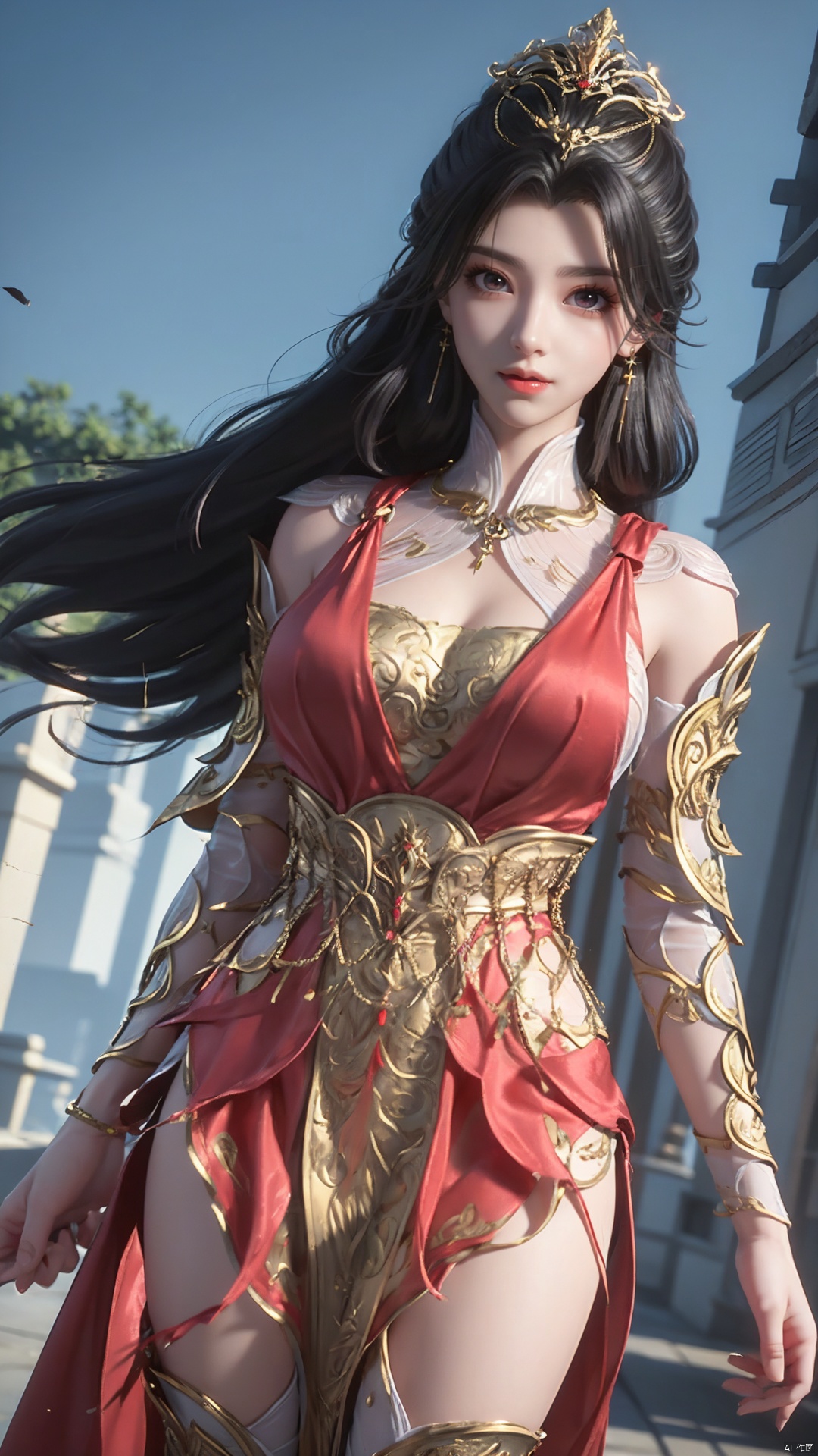 1girl, veil, dress, solo, jewelry, hair ornament, red dress, black hair, earrings, looking at viewer, mischevious smile, perfect body, scenery, sharp focus, best quality, masterpiece, detailed outfit, illustration, perfect eyes, finely detailed beautiful anime eyes, realistic skin, intricate details, best lighting, depth of field, ultra high resolution,cowboy shot, dynamic pose, dynamic angle,