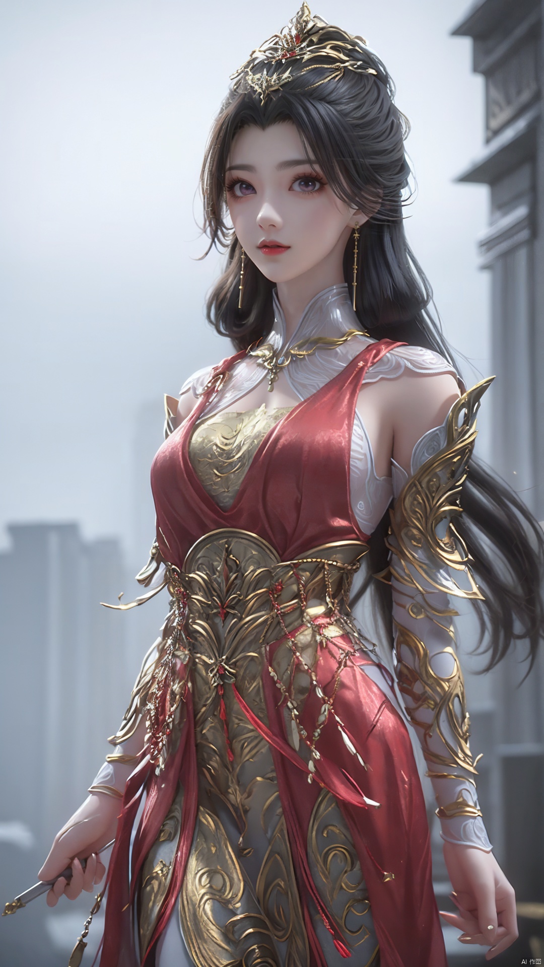 1girl, dress, solo, jewelry, hair ornament, red dress, black hair, earrings, looking at viewer, mischevious smile, perfect body, scenery, sharp focus, best quality, masterpiece, detailed outfit, illustration, perfect eyes, finely detailed beautiful anime eyes, realistic skin, intricate details, best lighting, depth of field, ultra high resolution,cowboy shot, dynamic pose, dynamic angle,